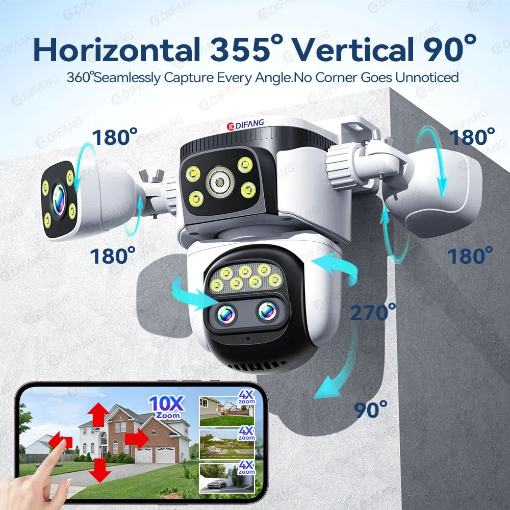 10K UHD WiFi6 Security Camera Outdoor Four Screen Surveillance Network Cam 10X Zoom PTZ 20MP Video Surveillance Smart Home