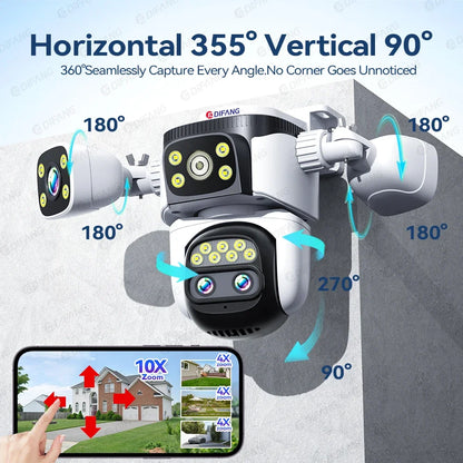 10K UHD WiFi6 Security Camera Outdoor Four Screen Surveillance Network Cam 10X Zoom PTZ 20MP Video Surveillance Smart Home