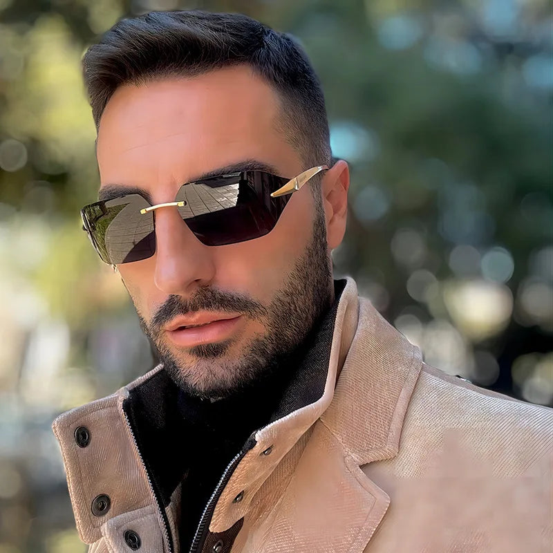 Rimless Men Sunglasses 2024 Fashion Luxury Brand Curved Lens Summer Traveling Sun Glasses for Women Frameless Rectangle Shades