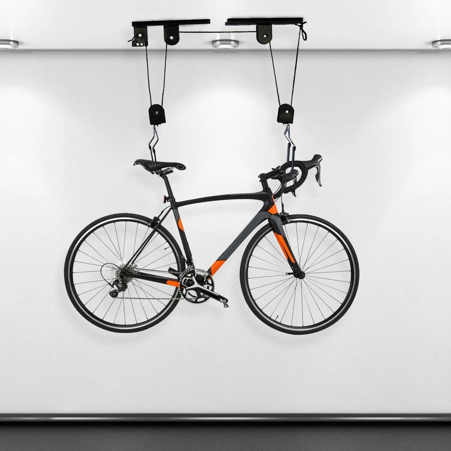60kg Bicycle Bike Lift Hoist Ceiling Storage Hanger Pulley Rack Garage + Hooks - Specs Heavy Duty Steel Build in Black