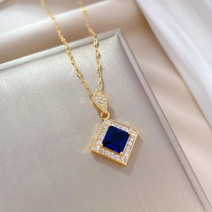 DIEYURO 316L Stainless Steel Square Dark Blue Crystal Charm Necklace Earrings For Women Girl New Trendy Jewelry Set Gift Party