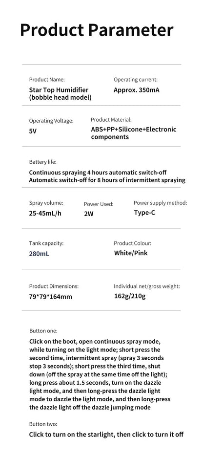 ‌280ML Portable Rotating Humidifier & Car Diffuser USB, 7-Color Projection Night Light, Ambient Mood Lighting for Office Travel‌