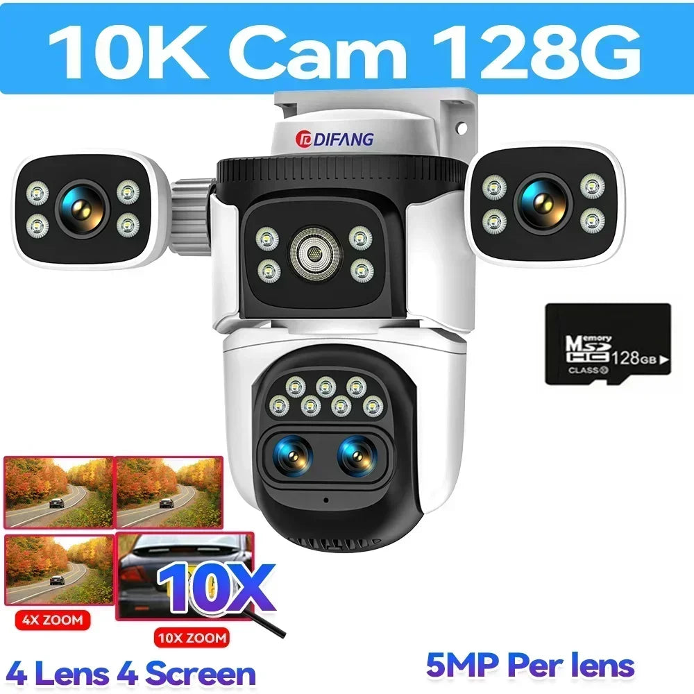 10K UHD WiFi6 Security Camera Outdoor Four Screen Surveillance Network Cam 10X Zoom PTZ 20MP Video Surveillance Smart Home