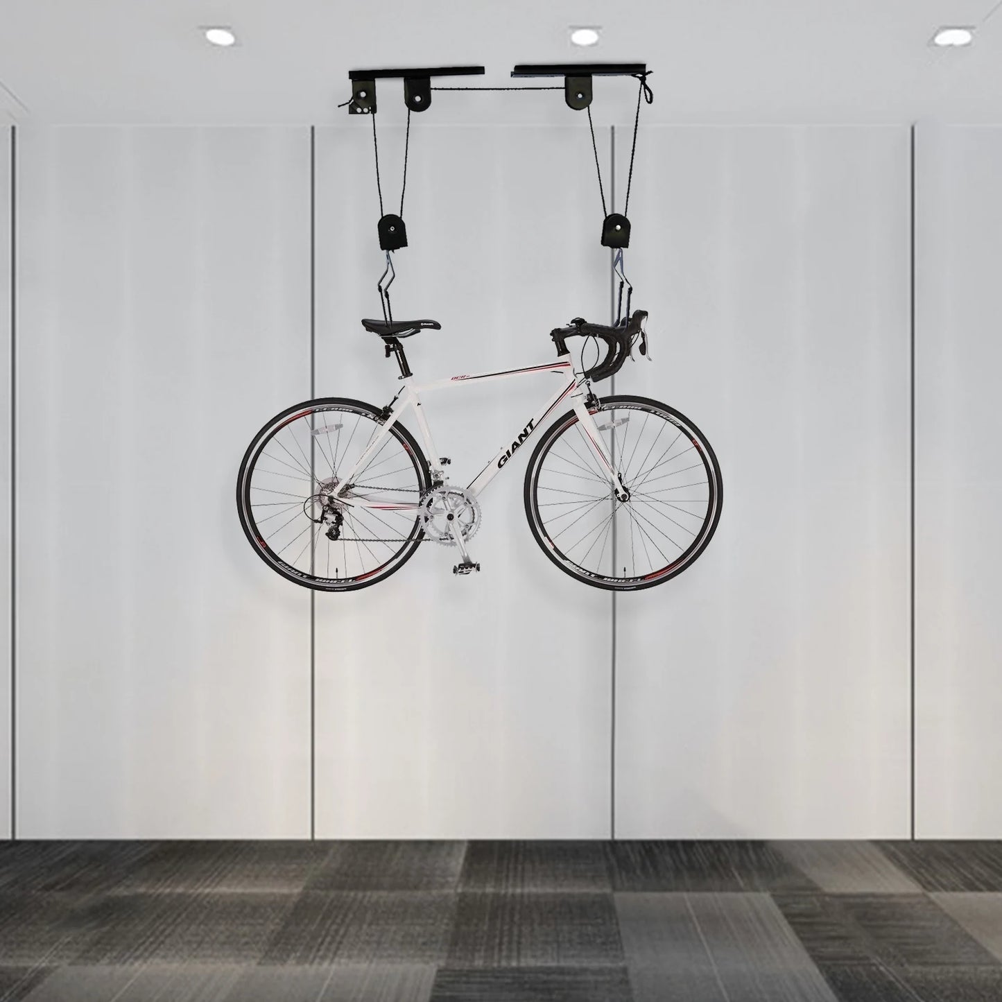 60kg Bicycle Bike Lift Hoist Ceiling Storage Hanger Pulley Rack Garage + Hooks - Specs Heavy Duty Steel Build in Black