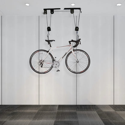 60kg Bicycle Bike Lift Hoist Ceiling Storage Hanger Pulley Rack Garage + Hooks - Specs Heavy Duty Steel Build in Black
