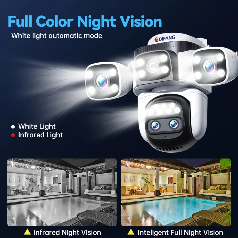 10K UHD WiFi6 Security Camera Outdoor Four Screen Surveillance Network Cam 10X Zoom PTZ 20MP Video Surveillance Smart Home