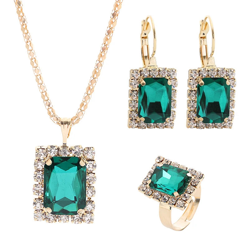2022 New Crystal Jewelry Wedding Jewelry Set Black Zircon Dangle Earrings And Necklace Ring 3 Piece Set Women Trendy Accessories