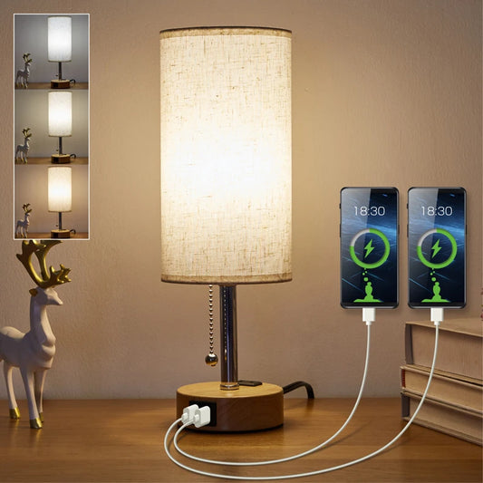 Pull Chain Desk Lamp 3Color Temperatures for Choice Reading Light Rechargeable Lamp with USB and Type-C Ports Linen Lampshade
