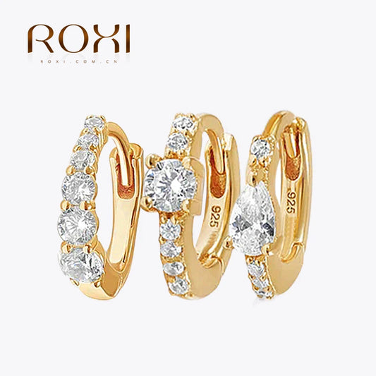 ROXI 925 Sterling Silver Classic Geometric Cubic Zirconia Earrings For Women Bride 18k Gold Plating Cartilage Ear Buckle Joias