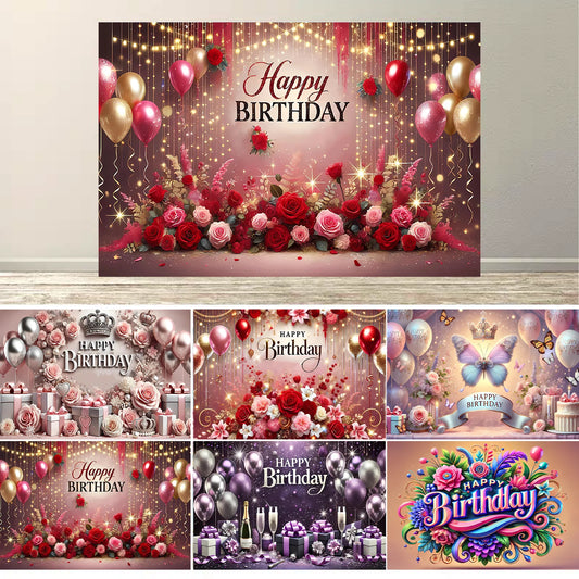 Happy Birthday Backdrop for Women Party Decorations Banner Photoshoot Photography Background Curtains Stand Screen