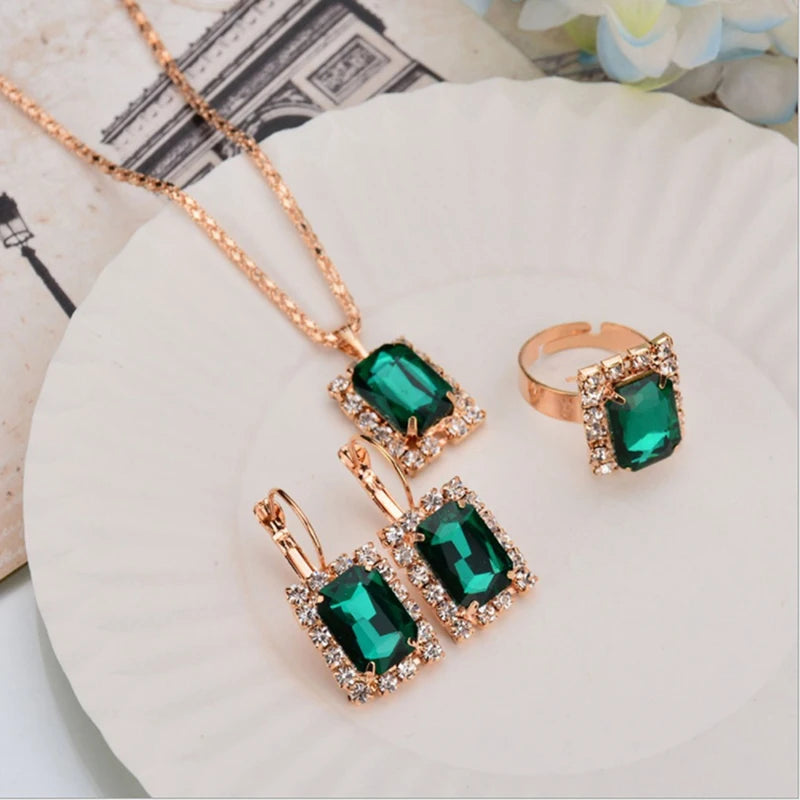 2022 New Crystal Jewelry Wedding Jewelry Set Black Zircon Dangle Earrings And Necklace Ring 3 Piece Set Women Trendy Accessories