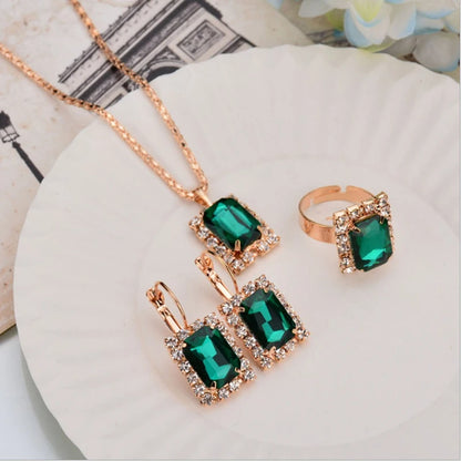 2022 New Crystal Jewelry Wedding Jewelry Set Black Zircon Dangle Earrings And Necklace Ring 3 Piece Set Women Trendy Accessories