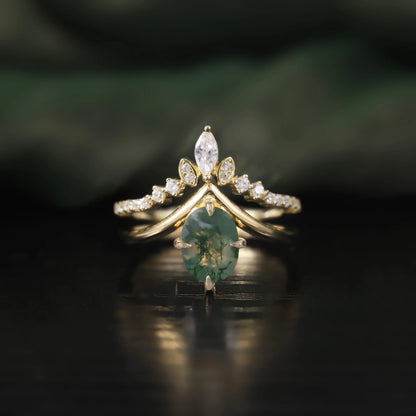 GEM'S BALLLET Unique Moss Agate V Shape Engagement Ring Set  Chevron Wedding Band 2pcs Bridal Ring Set in 925 Sterling Silver