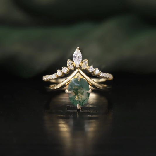 GEM'S BALLLET Unique Moss Agate V Shape Engagement Ring Set  Chevron Wedding Band 2pcs Bridal Ring Set in 925 Sterling Silver