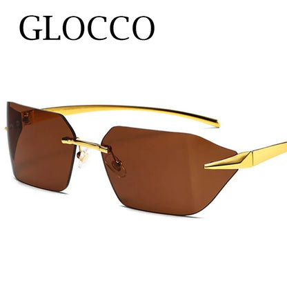 Rimless Men Sunglasses 2024 Fashion Luxury Brand Curved Lens Summer Traveling Sun Glasses for Women Frameless Rectangle Shades