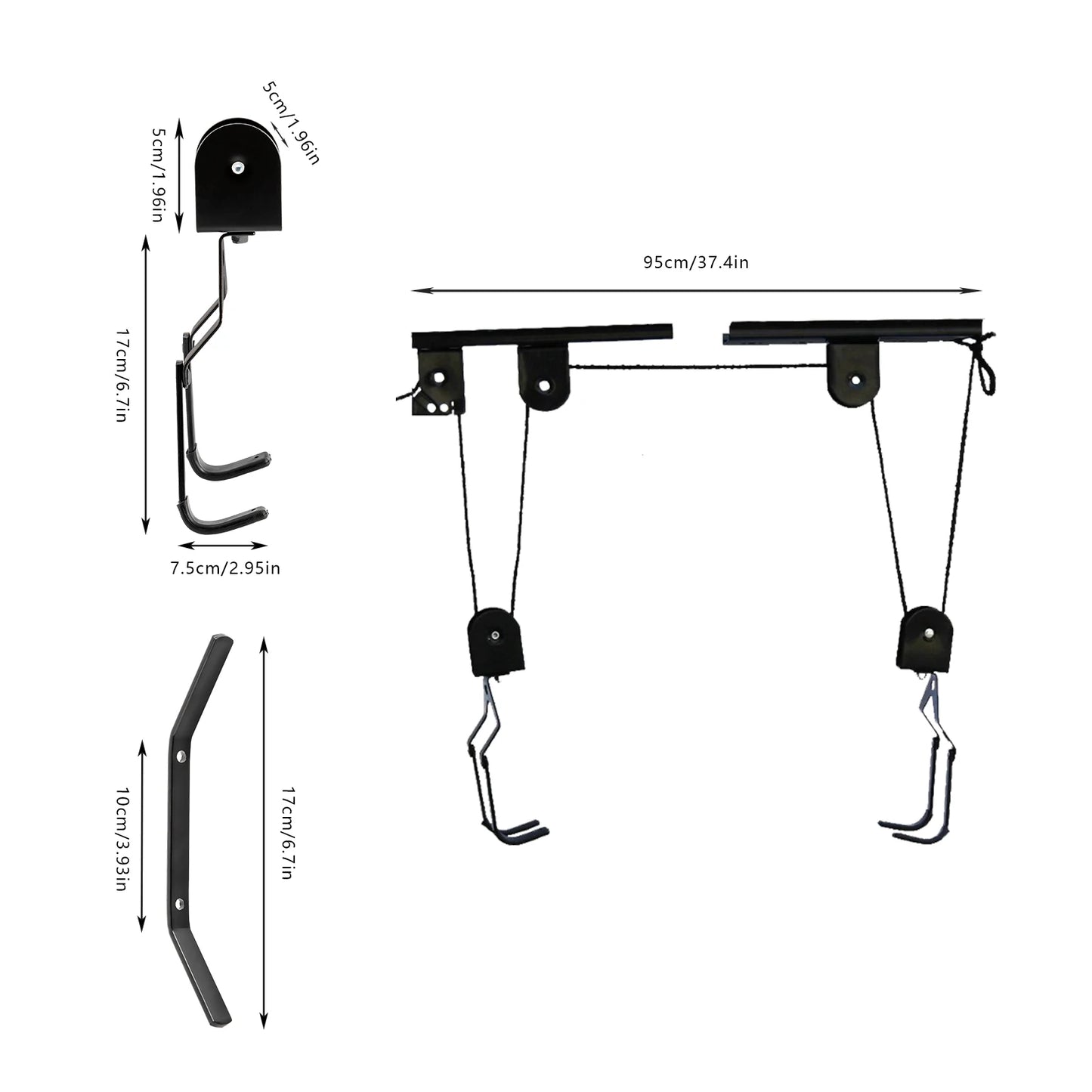 60kg Bicycle Bike Lift Hoist Ceiling Storage Hanger Pulley Rack Garage + Hooks - Specs Heavy Duty Steel Build in Black