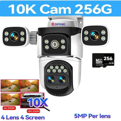 10K UHD WiFi6 Security Camera Outdoor Four Screen Surveillance Network Cam 10X Zoom PTZ 20MP Video Surveillance Smart Home