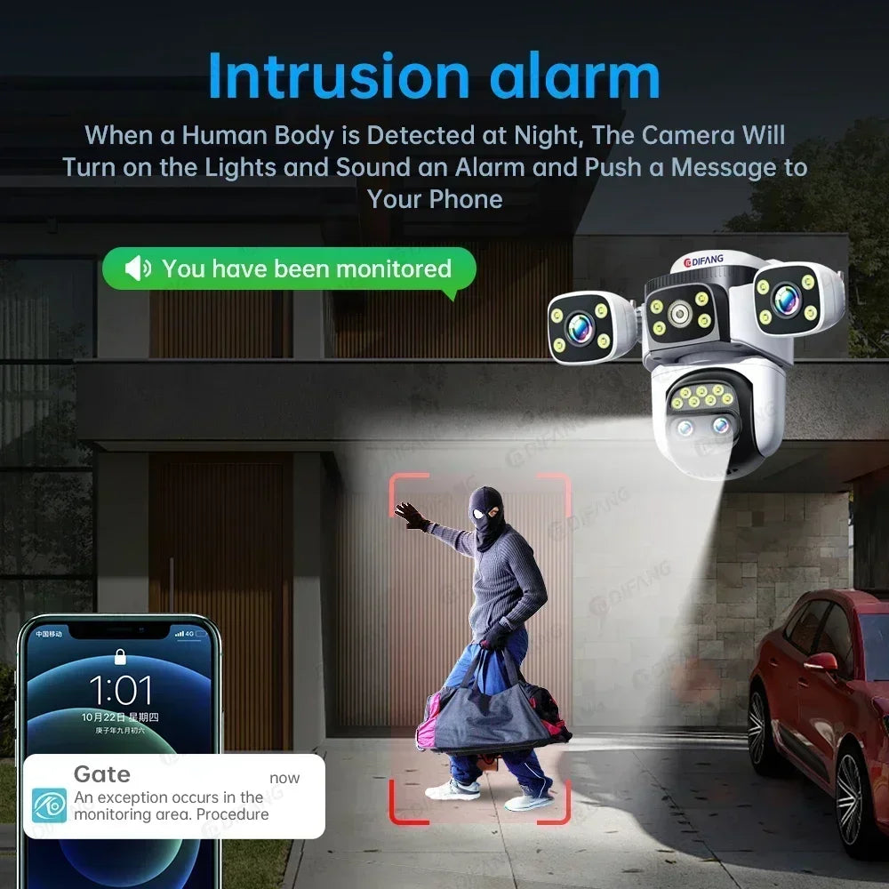 10K UHD WiFi6 Security Camera Outdoor Four Screen Surveillance Network Cam 10X Zoom PTZ 20MP Video Surveillance Smart Home