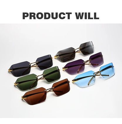 Rimless Men Sunglasses 2024 Fashion Luxury Brand Curved Lens Summer Traveling Sun Glasses for Women Frameless Rectangle Shades