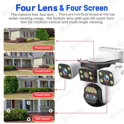 10K UHD WiFi6 Security Camera Outdoor Four Screen Surveillance Network Cam 10X Zoom PTZ 20MP Video Surveillance Smart Home