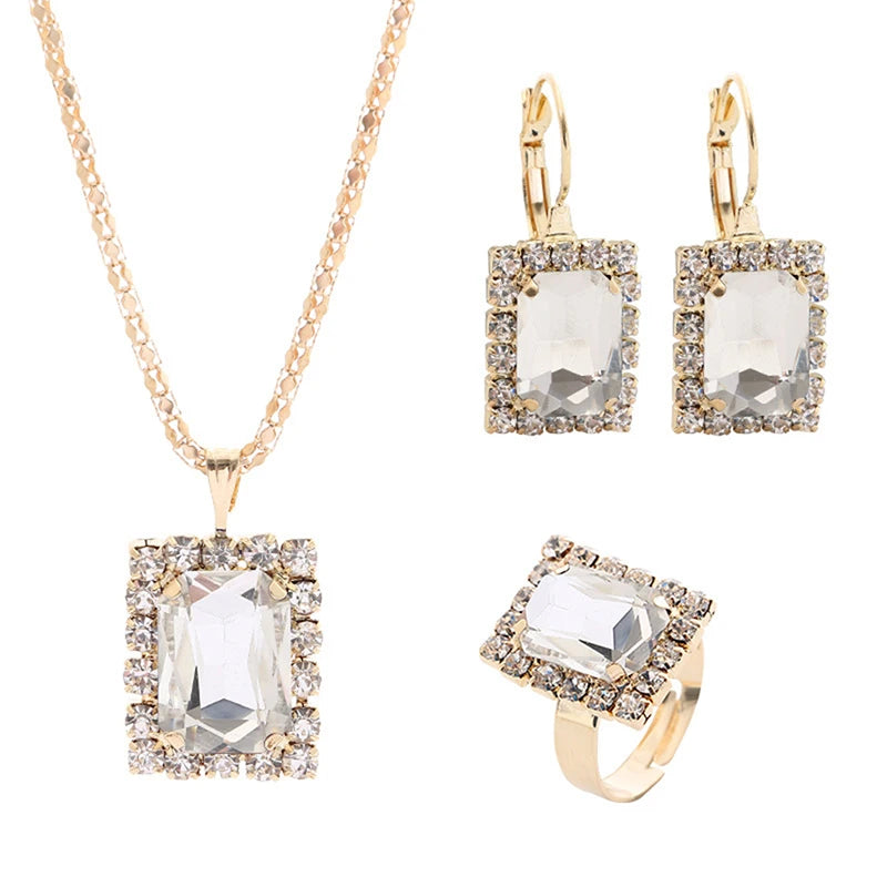 2022 New Crystal Jewelry Wedding Jewelry Set Black Zircon Dangle Earrings And Necklace Ring 3 Piece Set Women Trendy Accessories