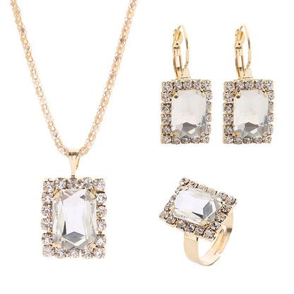 2022 New Crystal Jewelry Wedding Jewelry Set Black Zircon Dangle Earrings And Necklace Ring 3 Piece Set Women Trendy Accessories