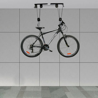 60kg Bicycle Bike Lift Hoist Ceiling Storage Hanger Pulley Rack Garage + Hooks - Specs Heavy Duty Steel Build in Black