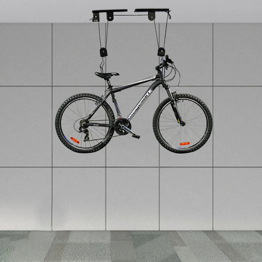 60kg Bicycle Bike Lift Hoist Ceiling Storage Hanger Pulley Rack Garage + Hooks - Specs Heavy Duty Steel Build in Black