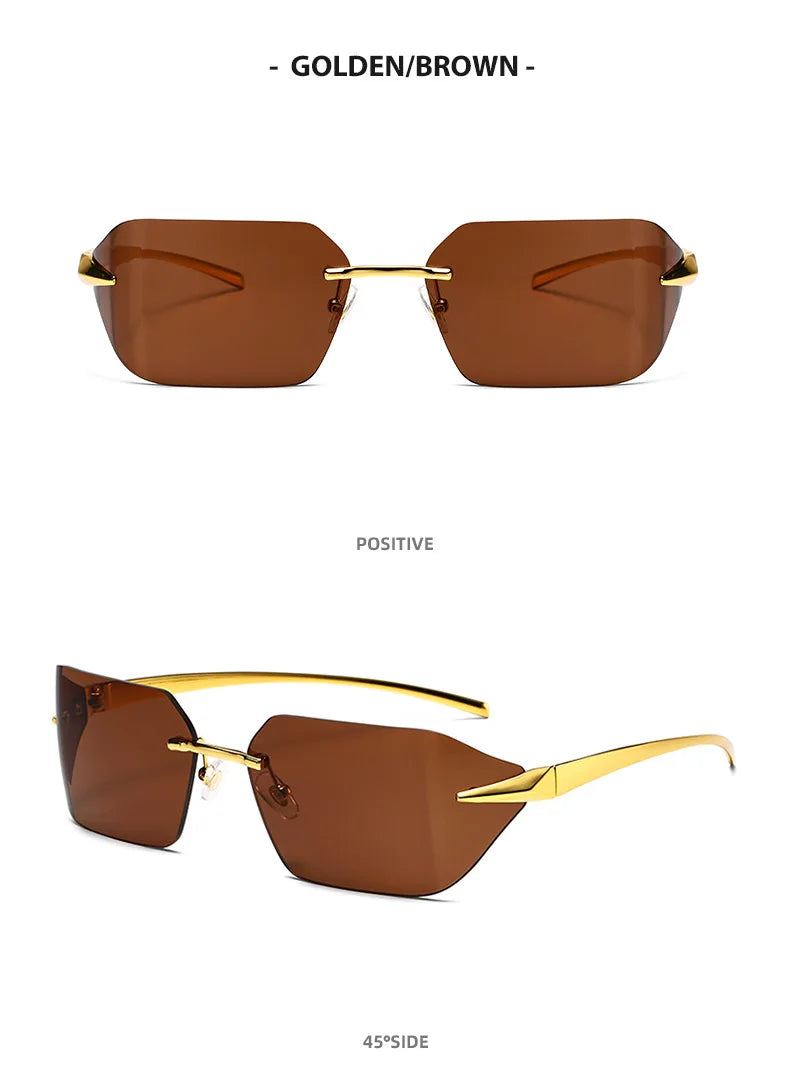 Rimless Men Sunglasses 2024 Fashion Luxury Brand Curved Lens Summer Traveling Sun Glasses for Women Frameless Rectangle Shades