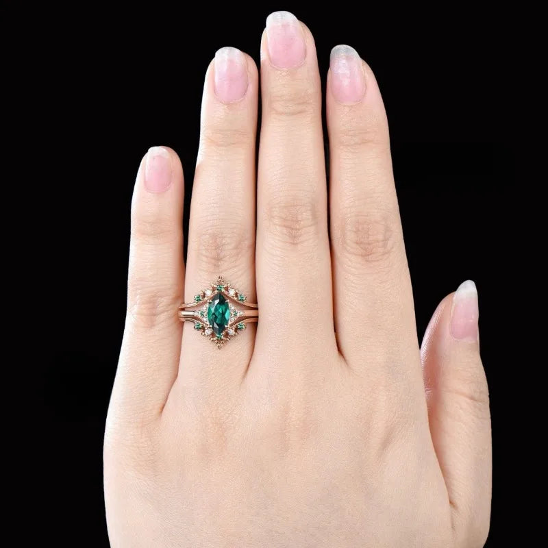 Classical Rose Gold Color Oval Green White Stone Rings for Women Party Jewelry Rings Set