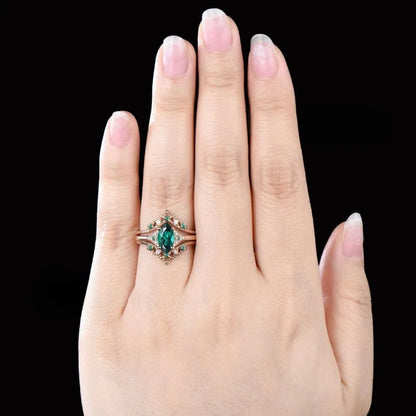 Classical Rose Gold Color Oval Green White Stone Rings for Women Party Jewelry Rings Set