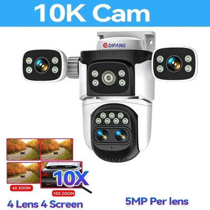 10K UHD WiFi6 Security Camera Outdoor Four Screen Surveillance Network Cam 10X Zoom PTZ 20MP Video Surveillance Smart Home