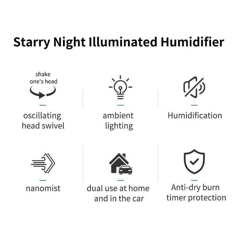 Desktop Air Car Humidifier Projection Starry Sky Top Shaking Head Humidifier Creative Hydration USB Spray Shaking Head Machine