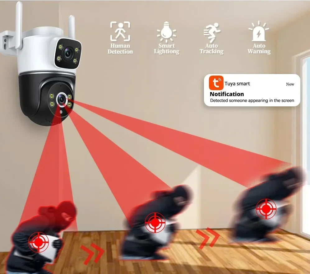 WiFi Camera Dual Lens 8MP 4K Wi-Fi Security IP Cameras Smart Home Outdoor 360 Wireless CCTV PTZ Auto Tracking Detection Tuya app