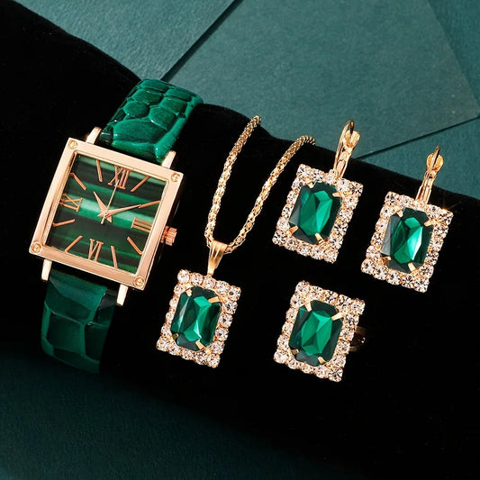 Women Fashion Watches Heart Rhinestone Ring Necklace Earring Jewelry Set Luxury Dress Quartz WristWatch Simple Elegant Watch Gif