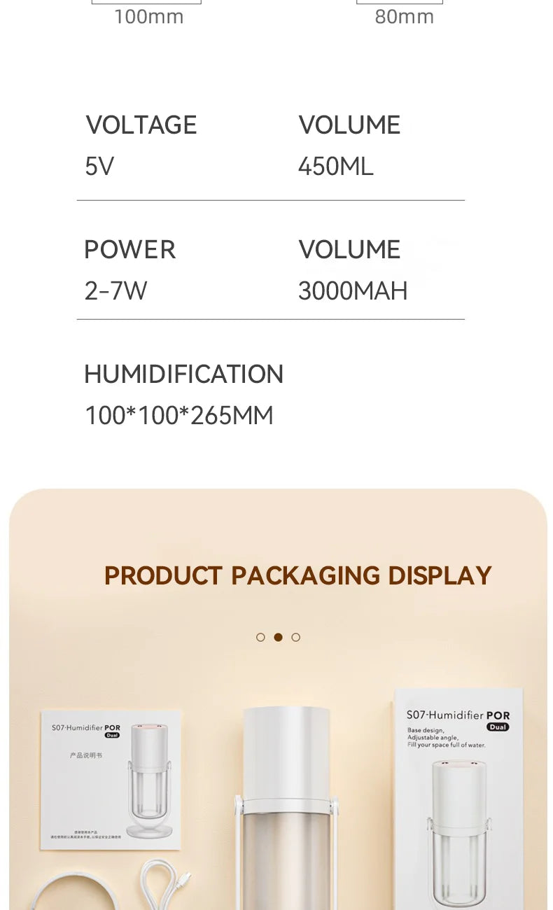 450ml Desktop Humidifier Mini Air Humidifier 360°Rotatable Dual-hole Spray Wireless Rechargeable Nano Atomization