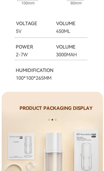 450ml Desktop Humidifier Mini Air Humidifier 360°Rotatable Dual-hole Spray Wireless Rechargeable Nano Atomization