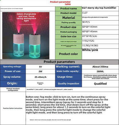 Star Projection Device Humidifier USB Ultrasonic Car Air Humidifier Household Hydrating Nebulizer