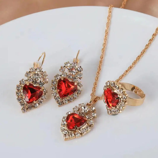 Necklace Earring Ring Three-piece Set For Women Water Drop Heart-shaped Rhinestone Set Fashion And Exquisite Bridal Accessories
