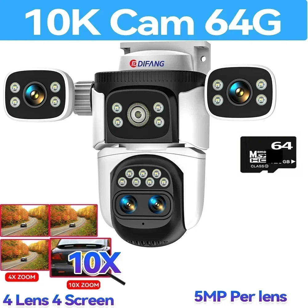 10K UHD WiFi6 Security Camera Outdoor Four Screen Surveillance Network Cam 10X Zoom PTZ 20MP Video Surveillance Smart Home