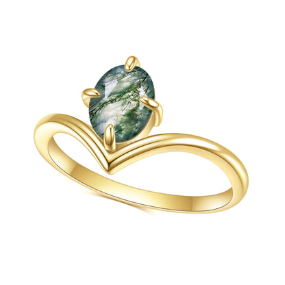 GEM'S BALLLET Unique Moss Agate V Shape Engagement Ring Set  Chevron Wedding Band 2pcs Bridal Ring Set in 925 Sterling Silver