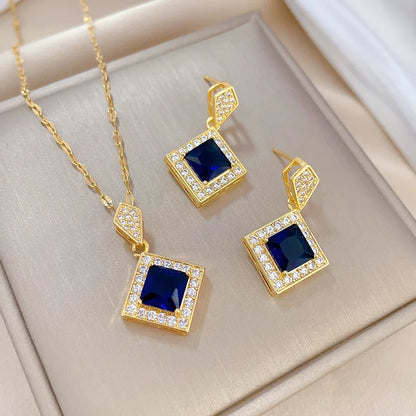 DIEYURO 316L Stainless Steel Square Dark Blue Crystal Charm Necklace Earrings For Women Girl New Trendy Jewelry Set Gift Party