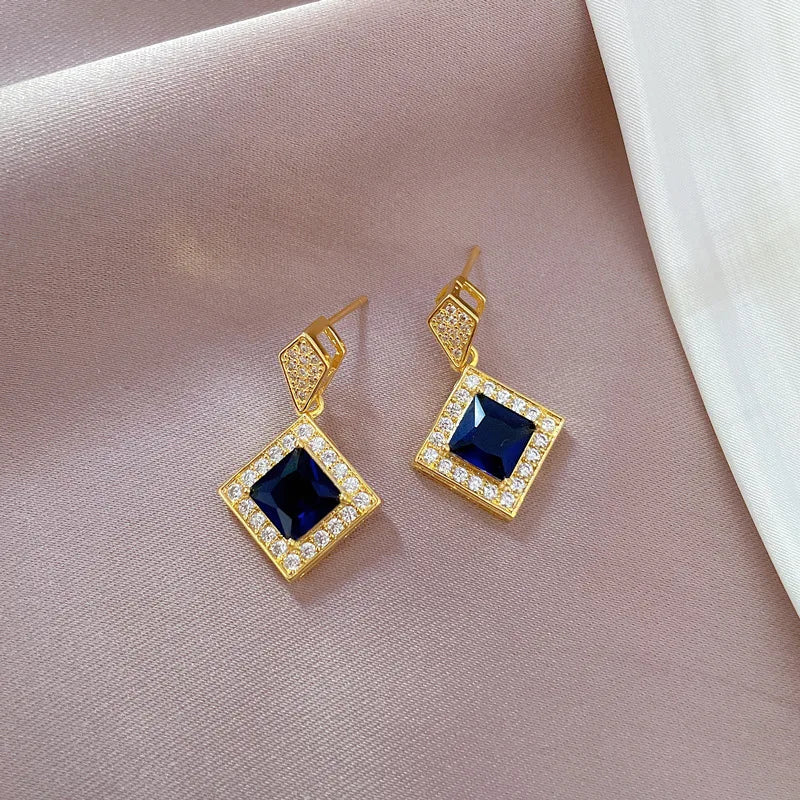 DIEYURO 316L Stainless Steel Square Dark Blue Crystal Charm Necklace Earrings For Women Girl New Trendy Jewelry Set Gift Party