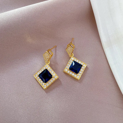 DIEYURO 316L Stainless Steel Square Dark Blue Crystal Charm Necklace Earrings For Women Girl New Trendy Jewelry Set Gift Party