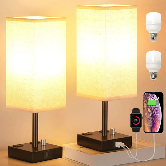 LED Desk Lamp Fully Dimmable Bedside Lamps with USB C+A Charge Ports Eye Protection Reading Light Table Lamp Grey Fabric Shade