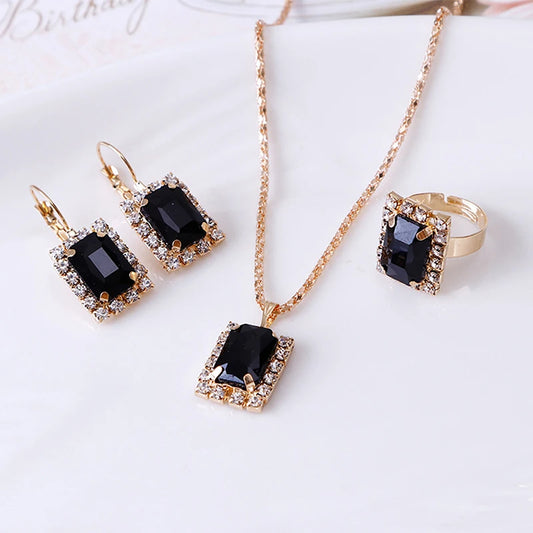 2022 New Crystal Jewelry Wedding Jewelry Set Black Zircon Dangle Earrings And Necklace Ring 3 Piece Set Women Trendy Accessories