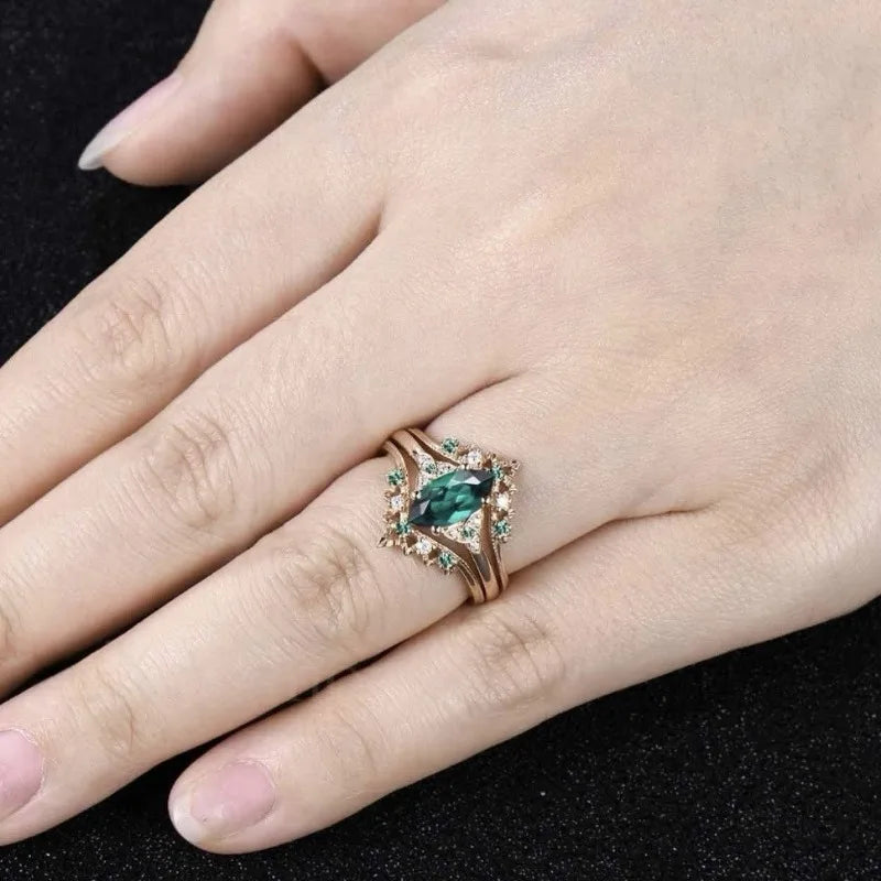 Classical Rose Gold Color Oval Green White Stone Rings for Women Party Jewelry Rings Set