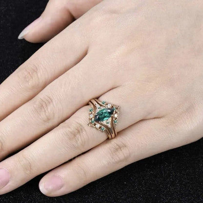Classical Rose Gold Color Oval Green White Stone Rings for Women Party Jewelry Rings Set