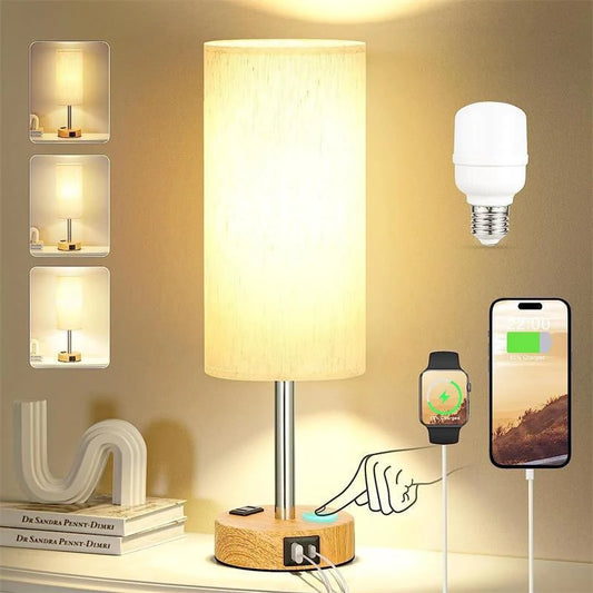 Bedside Table Lamp for Bedroom 3-Way Dimmable Touch Lamp with USB-C Charging Ports & AC Outlet