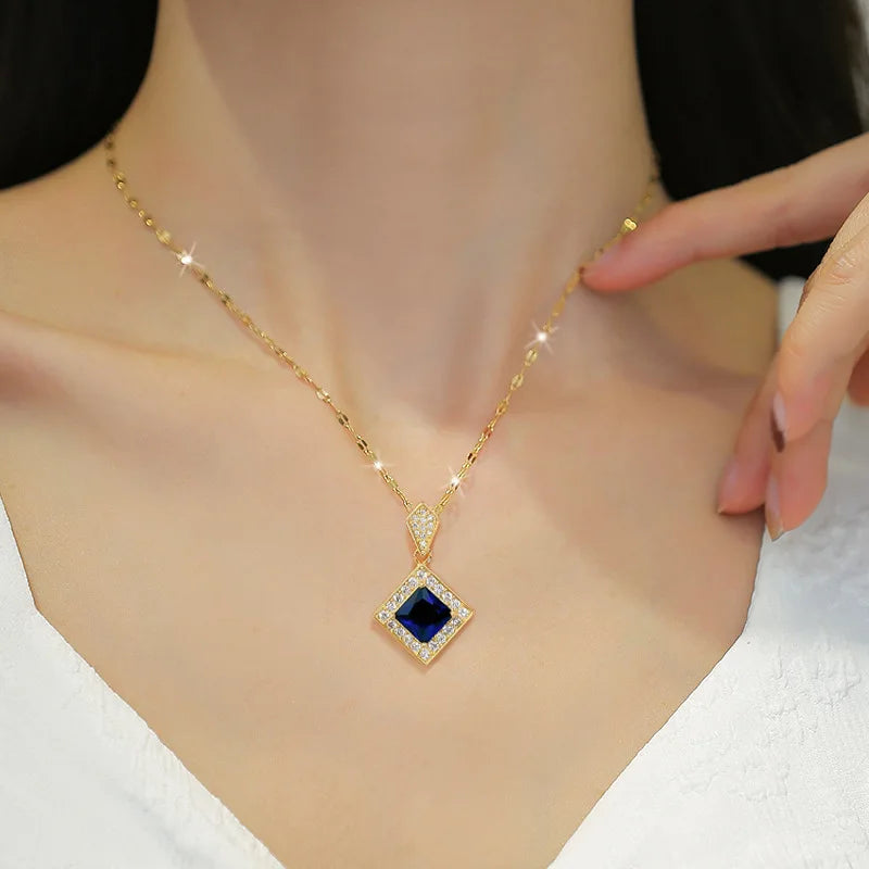 DIEYURO 316L Stainless Steel Square Dark Blue Crystal Charm Necklace Earrings For Women Girl New Trendy Jewelry Set Gift Party